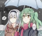  ... 2girls closed_eyes commentary contemporary expressionless eyebrows_visible_through_hair girls&#039;_frontline green_hair hairband hand_on_another&#039;s_arm happy korean_commentary long_hair m950a_(girls&#039;_frontline) multiple_girls musical_note outdoors shared_umbrella sidarim smile snow snowing spoken_ellipsis spoken_musical_note sweatdrop thunder_(girls&#039;_frontline) twintails umbrella upper_body white_hair yellow_eyes 