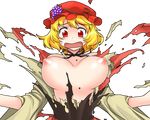  aki_minoriko blonde_hair blush breasts exploding_clothes hat large_breasts mono_(moiky) nipples open_mouth red_eyes solo sweat torn_clothes touhou transparent_background 