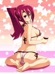  alternate_costume ass back barefoot bikini breasts butt_crack long_hair looking_at_viewer looking_back medium_breasts mouth_hold mugicha_(sukimachaya) multicolored_hair purple_eyes red_hair side-tie_bikini sideboob sitting solo spoon star strap_gap swimsuit tsukumo_akari two-tone_hair yuu-gi-ou yuu-gi-ou_zexal 