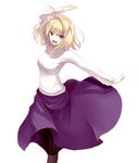  :d ahoge antenna_hair arcueid_brunestud arm_up black_legwear blonde_hair breasts kauto large_breasts long_skirt open_mouth outstretched_hand pantyhose purple_skirt red_eyes short_hair simple_background skirt smile solo sweater tsukihime turtleneck 