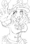  absurdres akiposo2580 bad_id bad_pixiv_id beret breasts fangs greyscale hat highres jiangshi large_breasts lineart miyako_yoshika monochrome ofuda open_mouth outstretched_arms short_hair short_sleeves smile solo star touhou zombie_pose 