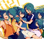  blue_hair child hair_over_one_eye highres inazuma_eleven inazuma_eleven_(series) inazuma_japan inazuma_legend_japan kazemaru_ichirouta long_hair male_focus miyukiyo multiple_boys multiple_persona older ponytail raimon raimon_soccer_uniform red_eyes smile soccer_uniform sportswear time_paradox younger 