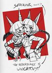  animal_ears antennae belt belt_pouch bob_cut breasts cat_ears cat_tail crop_top crossover dynatron_(mighty_no._9) fingernails grin hand_on_hip look-alike medium_breasts mighty_no._3 mighty_no._9 monochrome ms._fortune_(skullgirls) multiple_girls one_eye_closed pouch pun robot scar sharp_fingernails sharp_teeth short_hair skullgirls slender_waist smile tail teeth underboob 