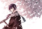  aoi_(artist) blue_eyes cherry_blossoms hakuouki_shinsengumi_kitan japanese_clothes male ponytail purple_hair saitou_hajime sword weapon 