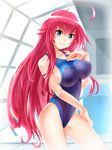  ahoge blue_eyes breasts competition_swimsuit cowboy_shot high_school_dxd hitotose_(spiralray) huge_ahoge indoors large_breasts long_hair looking_at_viewer one-piece_swimsuit pool red_hair rei_no_pool rias_gremory smile solo swimsuit very_long_hair 