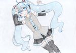  absurdres black_legwear blue_eyes blue_hair colorized detached_sleeves hatsune_miku highres long_hair looking_at_viewer necktie skirt solo sudou-akira thighhighs traditional_media twintails very_long_hair vocaloid 