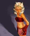  ahsoka_tano alien bare_shoulders belt blue_eyes breasts dou_(soot) facial_mark fingerless_gloves forehead_mark gloves jedi lips lipstick loincloth looking_away makeup midriff navel nose orange_skin skirt small_breasts solo star_wars star_wars:_the_clone_wars strapless tentacle_hair togruta tubetop 