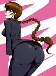  ass braid breasts brown_eyes brown_hair dha formal glasses large_breasts leaning_forward long_hair looking_at_viewer looking_back original single_braid solo suit very_long_hair 