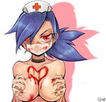  1girl artist_name bandaid bandaids_on_nipples blood blood_writing blue_hair breast_squeeze breasts choker cleavage deep_skin fingernails ghr hair_over_one_eye hat heart large_breasts nail_polish nude nurse_cap pasties ponytail red_eyes shadow sharp_fingernails skullgirls solo source_request surgical_mask valentine_(skullgirls) 