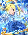  arrow artist_request beamed_eighth_notes blonde_hair bow_(weapon) character_name character_signature detached_sleeves dress emily_stewart hairband idolmaster idolmaster_million_live! long_hair looking_at_viewer musical_note official_art one_eye_closed purple_eyes smile twintails underwater weapon 