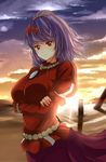  bad_id bad_pixiv_id breasts crossed_arms dress frown large_breasts mirror purple_hair red_eyes solo sunset touhou x&amp;x&amp;x yasaka_kanako 