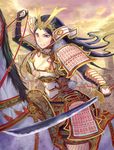  armor army bad_id bad_pixiv_id black_hair breasts cleavage flag full_armor hidezi highres horse horseback_riding japanese_armor katana large_breasts long_hair original pauldrons purple_eyes riding samurai sengoku_taisen shoulder_armor sode soldier solo sword weapon 