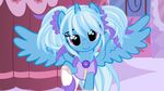  blue_fur bow clothed clothing equine female feral friendship_is_magic fur hair hair_over_eyes horn horse inside legwear long_hair looking_at_viewer mammal my_little_pony pigtails pony purple_eyes shoes smile solo stockings trixie_(mlp) two_tone_hair winged_unicorn wings 