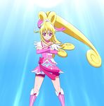  aida_mana bike_shorts blonde_hair blue_background boots bow crossed_arms cure_heart dokidoki!_precure gunbuster_pose half_updo light long_hair pink_bow pink_eyes pink_footwear pink_sleeves ponytail ponzu_(anagosan02) precure smile smirk solo standing 