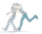  aviator_cap blue_hair caesar_anthonio_zeppeli headband hug hug_from_behind iwasico jojo_no_kimyou_na_bouken joseph_joestar_(young) midriff multiple_boys pants scarf shirt striped striped_pants striped_shirt vest white_hair 