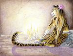  candle chain feline female fire flower hair leopard long_hair mammal nude palelady sitting solo 
