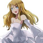  bare_shoulders blonde_hair blue_eyes bride dress elbow_gloves gloves hair_ornament hairclip kousaka_kirino long_hair looking_at_viewer maromi_(am97) open_mouth ore_no_imouto_ga_konna_ni_kawaii_wake_ga_nai outstretched_arm outstretched_hand simple_background smile solo strapless strapless_dress wedding_dress white_background white_gloves 