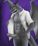  abstract_background absurd_res balls black_dragon blitz_the_dragon bottomless claws clothing come_hither dragon erection fossil grey_skin hi_res horn looking_at_viewer male open_shirt penis scalie shirt solo wings 