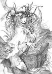  absurdres book bracelet commentary_request crescent daburoku feathers fingernails greyscale hat hexagram highres jewelry lizard long_fingernails long_hair monochrome patchouli_knowledge ring solo tattoo touhou traditional_media 