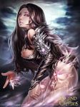  absurdres armor breasts brown_hair glowing glowing_eyes highres jewelry large_breasts legend_of_the_cryptids long_hair ring sideboob skull solo white_eyes zhang_wei_yi 