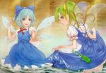  absurdres blue_dress blue_eyes blue_hair bow cirno daiyousei dress egawa_satsuki fairy fairy_wings frog green_hair hair_ribbon highres ice ice_wings looking_at_viewer multiple_girls open_mouth puffy_sleeves ribbon scan shirt short_hair short_sleeves side_ponytail skirt skirt_hold smile touhou vest wading water white_shirt wings 