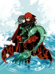  brown_eyes cape carrying closed_eyes head_fins high_collar highres mermaid monster_girl multiple_girls princess_carry red_hair sekibanki shigureru touhou wakasagihime water 