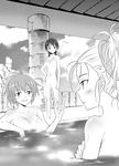  agahari blush breasts charlotte_e_yeager cloud gertrud_barkhorn greyscale hair_up hand_on_hip highres long_hair medium_breasts monochrome multiple_girls nude onsen open_mouth perrine_h_clostermann pool short_hair sky smile strike_witches twintails water wet world_witches_series 