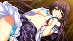  1girl arihara_nodoka blush bra breasts eyes_closed female game_cg narumi_suzune nipples panties pantyshot purple_hair skirt solo tojita_sekai_no_tori_colony underwear upskirt 