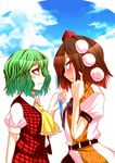  blush brown_hair green_hair hane_(hanegoya) hat kazami_yuuka leaf-pattern_stripe looking_away multiple_girls profile red_eyes shameimaru_aya shared_umbrella short_hair sky_print sweatdrop tokin_hat touhou umbrella wavy_hair wavy_mouth yuri 