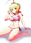  bikini blonde_hair braid breasts cleavage fate/extra fate/extra_ccc fate_(series) green_eyes hair_ribbon large_breasts nero_claudius_(fate) nero_claudius_(fate)_(all) ookami_maito ribbon short_hair solo swimsuit 
