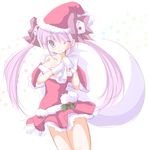  breasts di_gi_charat hat long_hair looking_at_viewer medium_breasts one_eye_closed purple_eyes purple_hair santa_costume santa_hat shun_(minihouse) simple_background smile solo usada_hikaru white_background 