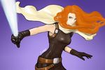  artist_name belt black_gloves breasts cape d._wang energy_sword eyebrows eyelashes gloves grey_eyes highres large_breasts lightsaber lips long_hair mara_jade nose orange_hair sleeveless slender_waist solo star_wars sword unitard weapon 