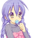  bad_id bad_pixiv_id blush braid candy food long_hair original purple_hair simple_background solo twin_braids usashiro_mani white_background yellow_eyes 