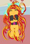  blonde_hair bow clothed clothing equestria_girls equine eyes_closed female feral friendship_is_magic fur hair hi_res horn jacket long_hair lying mammal my_little_pony on_back red_hair smile solo sunset_shimmer_(eg) two_tone_hair unicorn 