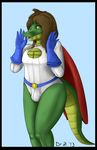  alligator belt brown_hair bulge cape clothed clothing cosplay crossdressing dr_zombie girly gloves hair male powergirl reptile russ russ_(character) scalie simple_background solo thighs tight_clothing yellow_eyes 