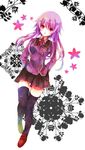  arms_behind_back black_legwear black_skirt blush collar dee_ensy_stratmitos flower kamisama_no_inai_nichiyoubi long_hair purple_hair red_eyes ribbon school_uniform skirt solo thighhighs walking 