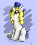  cub equine erockertorres female feral friendship_is_magic fur helmet horn male mammal my_little_pony open_mouth original_character sitting solo unicorn white_fur young 