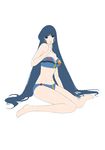  absurdres bandeau bare_shoulders barefoot bikini blue_eyes blue_hair breasts choujikuu_yousai_macross cleavage d._wang flat_color hand_to_own_mouth highres large_breasts long_hair lynn_minmay macross navel sitting solo strapless swimsuit tubetop very_long_hair wariza 