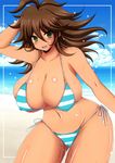  1girl afuro beach bikini blue_sky breasts brown_hair cleavage cloud danganronpa dark_skin female green_eyes huge_breasts long_hair micro_bikini navel nobu2 open_mouth owari_akane sand sky smile solo striped striped_bikini striped_swimsuit super_danganronpa_2 swimsuit water wet 