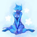  blue_fur blush breasts chinese_dress clothed clothing cotora digitigrade dovne female fur invalid_color red_eyes sitting solo wide_hips 