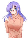  breasts glasses hime_mia large_breasts long_hair looking_at_viewer original purple_eyes simple_background solo white_background 