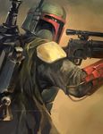  aiming armor artist_name beam_rifle boba_fett cape deviantart_username energy_gun helmet jetpack krad_eelav male_focus mandalorian realistic science_fiction scope solo star_wars watermark weapon web_address 