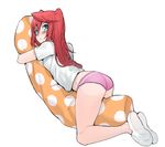  arian_rod ass bad_id bad_twitter_id blue_eyes blush erubo lace lace-trimmed_panties long_hair no_pants no_socks original panties pillow pillow_hug pink_panties polka_dot red_hair simple_background slippers solo underwear white_background 
