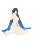  absurdres barefoot blue_eyes blue_hair breasts choujikuu_yousai_macross cleavage d._wang flat_color hand_to_own_mouth highres large_breasts long_hair lynn_minmay macross navel nipples panties sitting solo topless underwear underwear_only very_long_hair wariza white_panties 