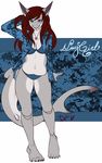  5_toes abstract_background anthro blue_eyes bra breasts chubby clothed clothing cursive english_text female fish hair jacket long_hair looking_at_viewer marine mei5683 navel necklace open_shirt panties pose red_hair shark shirt skimpy solo text thresher_shark toes tonilyn underwear 