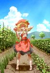  aki_minoriko apron arinu barefoot blonde_hair blouse blue_sky clenched_hand closed_eyes cloud day dirty dirty_feet eggplant farm food fruit grapes grin hat highres holding_vegetable mountain outdoors skirt sky smile solo squash stake sweat tomato touhou tree 