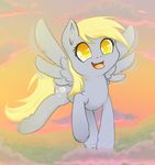  amber_eyes blonde_hair cloud clouds cutie_mark derpy_hooves_(mlp) equine female feral friendship_is_magic fur grey_fur hair horse long_hair looking_at_viewer looking_back mammal my_little_pony open_mouth outside pegasus pony sky smile solo sunset tongue wings yellow_eyes 