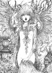  absurdres alternate_wings angel_wings candlestand commentary_request daburoku fangs fingernails flower greyscale hair_flower hair_ornament highres long_fingernails looking_at_viewer monochrome no_hat no_headwear nude open_mouth peacock_feathers remilia_scarlet short_hair slit_pupils solo tattoo touhou traditional_media wings 
