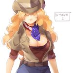  american_flag bandana belt blonde_hair breasts cleavage copyright_name cowboy_hat flag_print hair_over_eyes hat jacket la_mulana la_mulana_2 large_breasts lips long_hair lumisa_kosugi naso4 open_clothes open_shirt shirt short_sleeves simple_background smile solo western white_background 