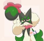 2025 3_fingers ambiguous_gender anthro armband claws eminem_throw female_(lore) finger_claws fingers fluffy fur generation_9_pokemon green_body green_fur hi_res looking_at_viewer meme meowscarada mouth_closed narrowed_eyes nintendo plant pokemon pokemon_(species) razgrizdl reaction_image rose_(razgrizdl) simple_background solo standing throwing throwing_object